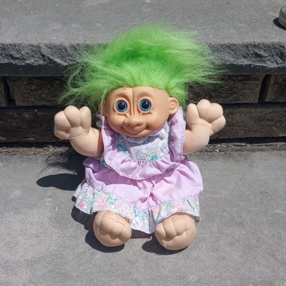 Vintage Troll Doll, Green Hair. Blue Eyes. Purple Floral Dress